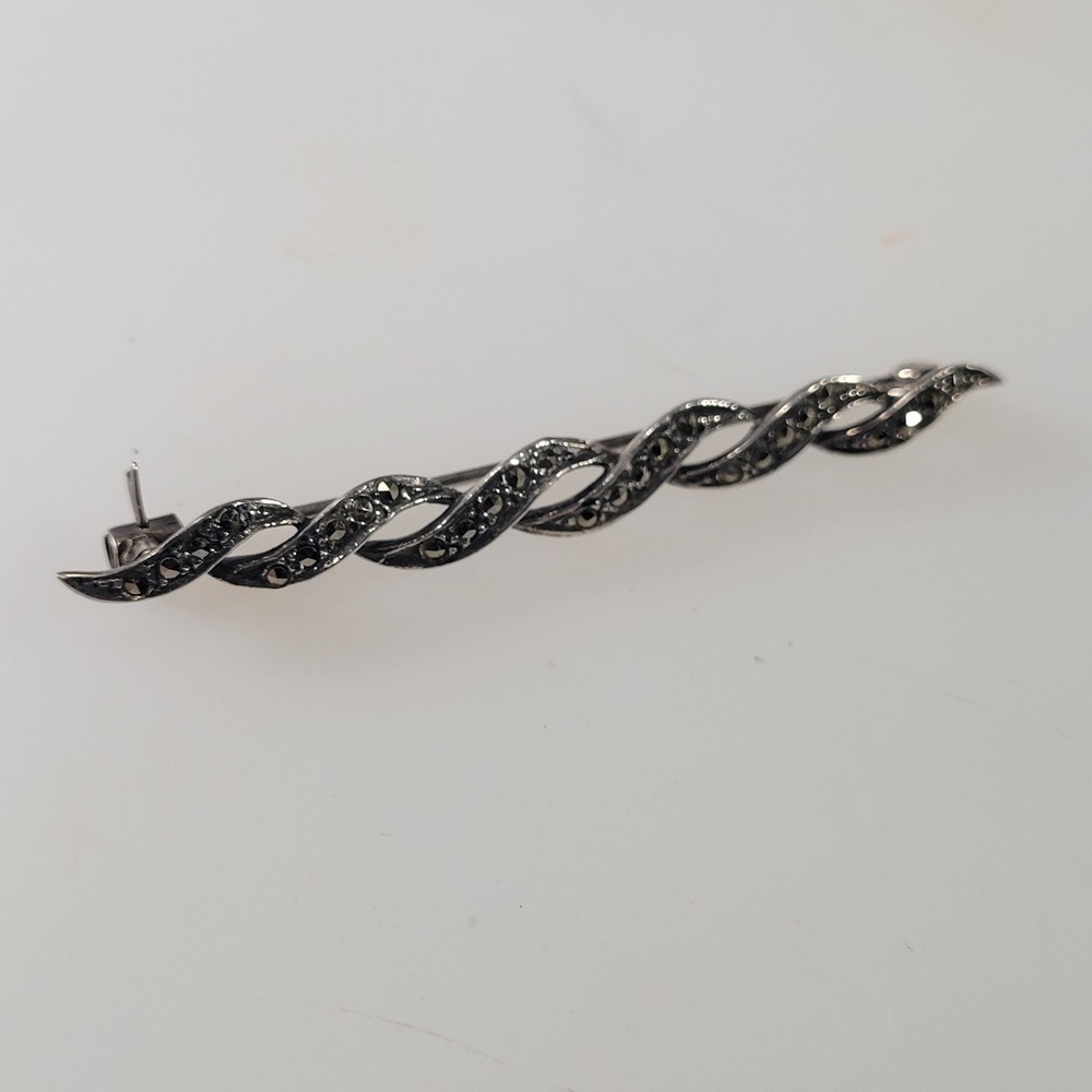 Vintage Sterling Silver Marcasite Infinity Twist Bar Brooch Pin‎ Mid Century 925